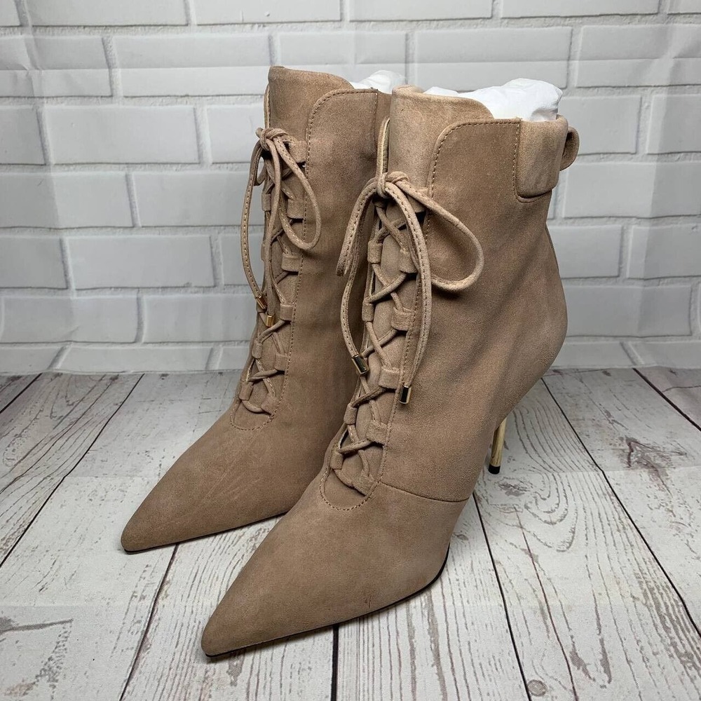 Good American Scandal Lace Up Stilleto Booties Stone Size 5.5 GA012KS-X